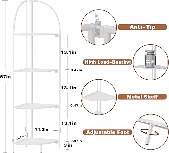 Crofy Foldable 4 Tier Corner Shelf, Metal Corner Plant Stand with White Frame and White Shelves, Corner Display Rack Multipurpose Shelving Unit for Living Room, Bedroom, Bathroom CrofyLLC