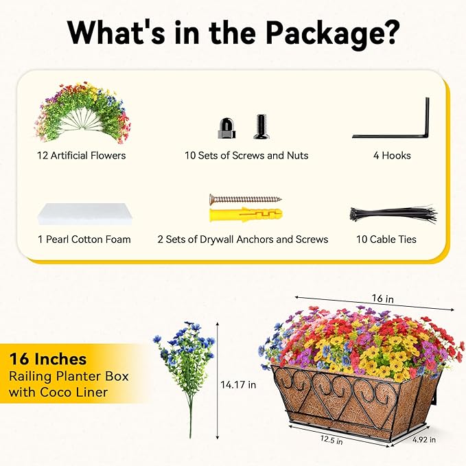 ZeeDix 16 Inch Artificial Flowers Hanging Railing Window Planter Box, 12 Pcs UV Resistant Fake Look Real Flowers with Heart-Shaped Deck Railing Planter Boxes for Porch Patio Balcony Garden Home Decor ZeeDix