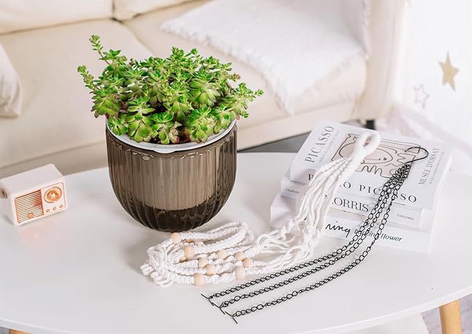 Melphoe Self Watering Hanging Planters for Indoor, 1 Pack 8.3 Inch Outdoor Hanging Plant Pot Basket, 2 Kinds of Plant Hangers Macrame 35.5’’ & Metal Chain 19.6’’ for Garden Home Decor Melphoe