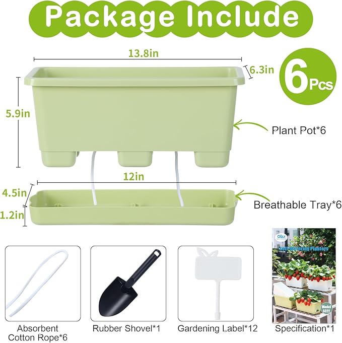 Window Box Planter 6 Packs, 13.8 Inches Rectangle Flower Pots with Drainage Holes & Trays, Pots for Vegetables, Herbs, Flowers, Garden Windowsill Balcony (Green) Oliz