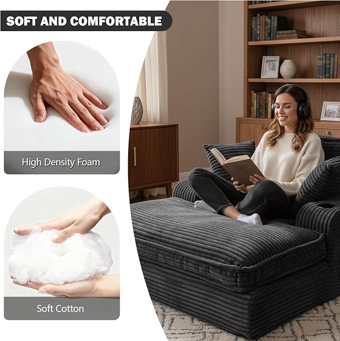 67" Oversized Chaise Lounge Chair Indoor, Soft Boneless Cloud Couch with 3 Pillows, 4 Side Pockets and 2 Cup Holders, Comfy Corduroy Sleeper Couch for Living Room Bedroom Rootora