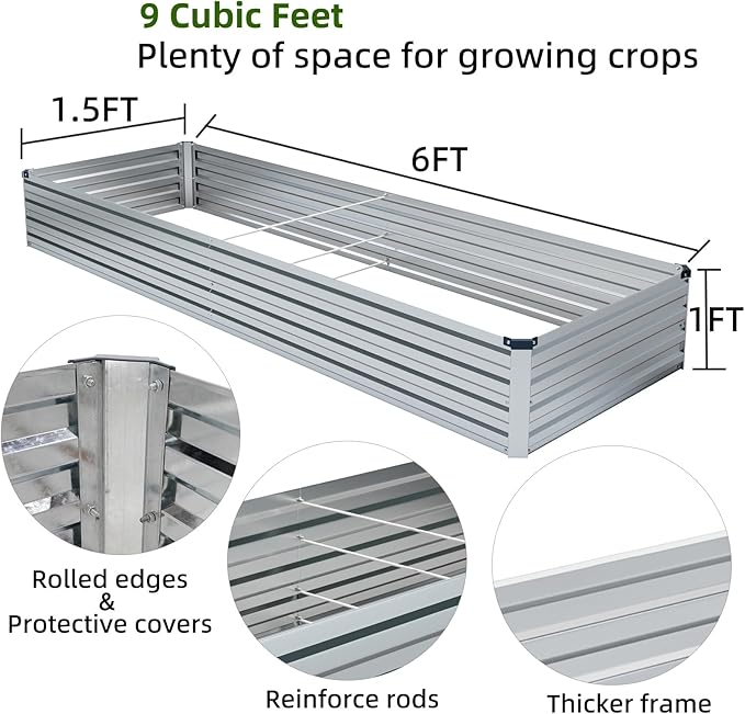2 Pack 6x1.5x1FT Galvanized Raised Garden Bed Kit, Outdoor Metal Planter Box for Vegetables, Bottomless Rectangular Gardening Bed with Support Rods, Tool-Free Assembly, Silver Meberam