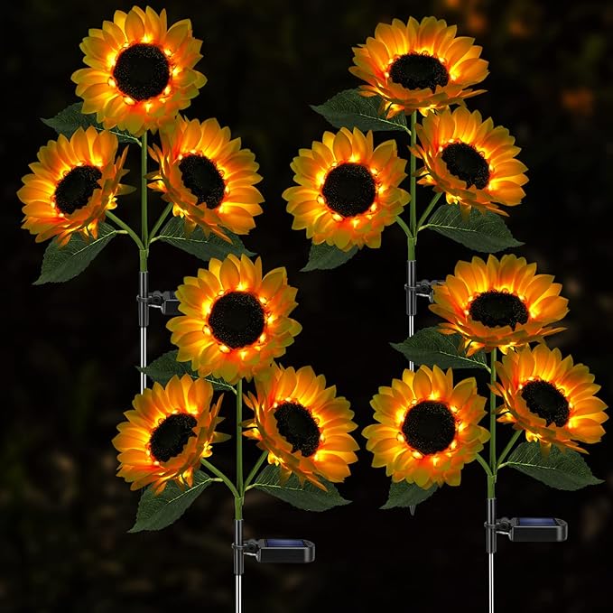 Solar Sunflower Lights, 800mA Solar Garden Light with Real Looking Flowers Outdoor Waterproof Solar Stake Lights for Back Yard, Flower Bed, Pathway, Patio, Porch, Fall Decoration (4 Pack) Meagoo