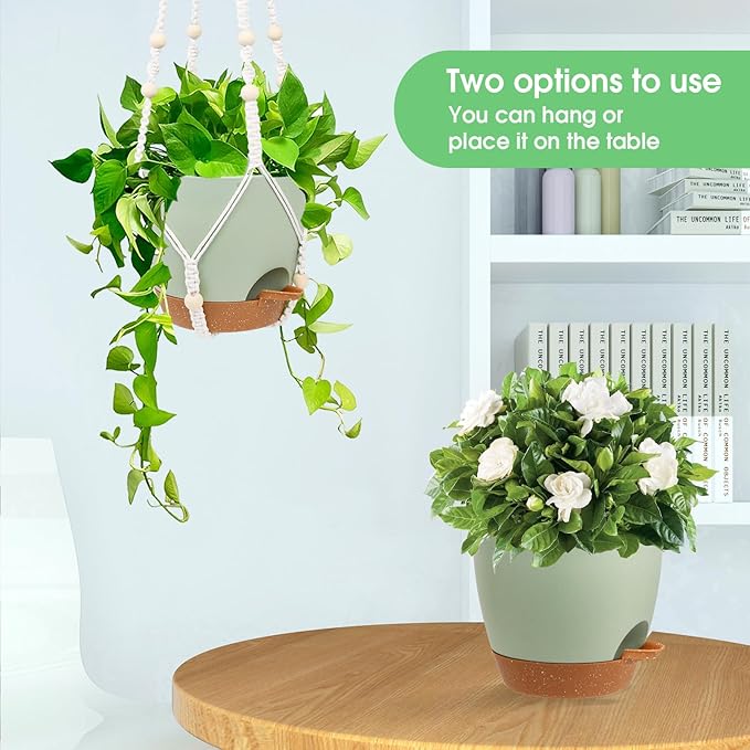 Hanging Planters for Indoor Outdoor Plants, 2 Pack Self Watering Hanging Pot with Drainage Holes, Removable Tray & 2 Kinds of Plant Hangers, 8'' Hanging Flower Pots for Home Garden Decor, Green Vanslogreen