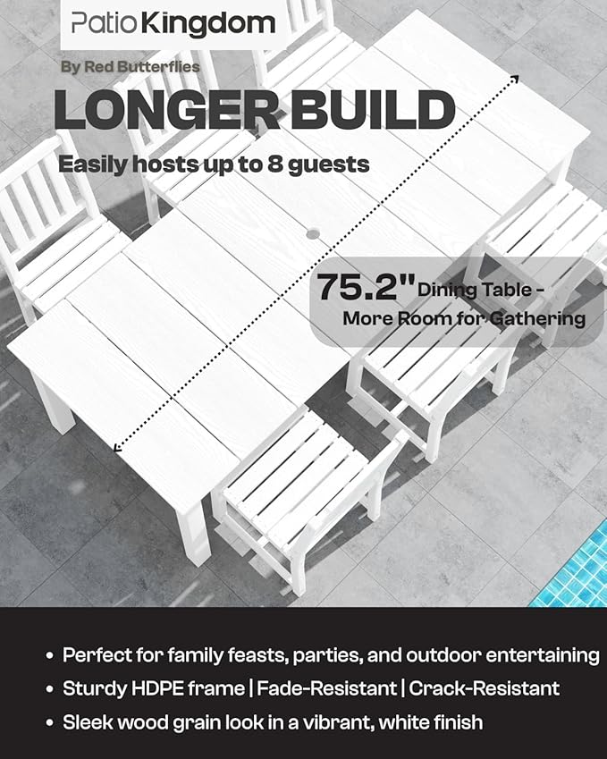 7-Piece White Outdoor Dining Set with Beige 11FT Large Patio Umbrella, 75.2'' HDPE Table & Chairs for 6, Weather-Resistant Furniture with Umbrella Hole for Patio, Lawn, Poolside PatioKingdom