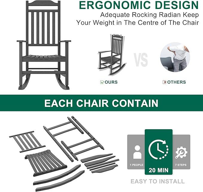 Patio Rocking Chair Outdoor Set of 4,Weather Resistant Poly Resin Oversized Porch Rocker,High Back Smooth Design,350lb Weight Capacity,Indoor Outdoor Use(4, Black) GYMHILL