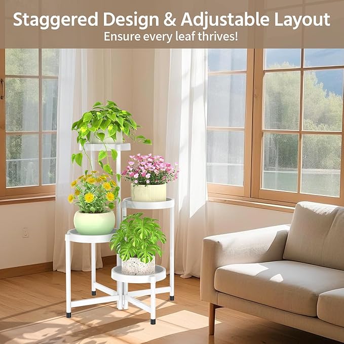 LASZOLA 4 Tiered Folding Plant Stand Indoor for Multiple Large Planter, Tall Heavy Duty Adjustable Rack with Rust Proof Plastic Shelving, Sturdy Vertical Tree Organizer for Narrow Inside Floor, White LASZOLA