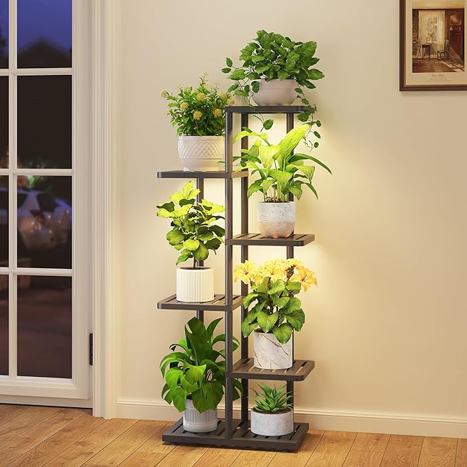 iDavosic.ly Plant Stand with Grow Light Indoor Outdoor, 5-Tier Tall Metal Flower Shelf for Heavy-Duty Large Planters, Corner Orchid Display Rack for Living Room Balcony Patio Porch, Modern Black iDavosicly