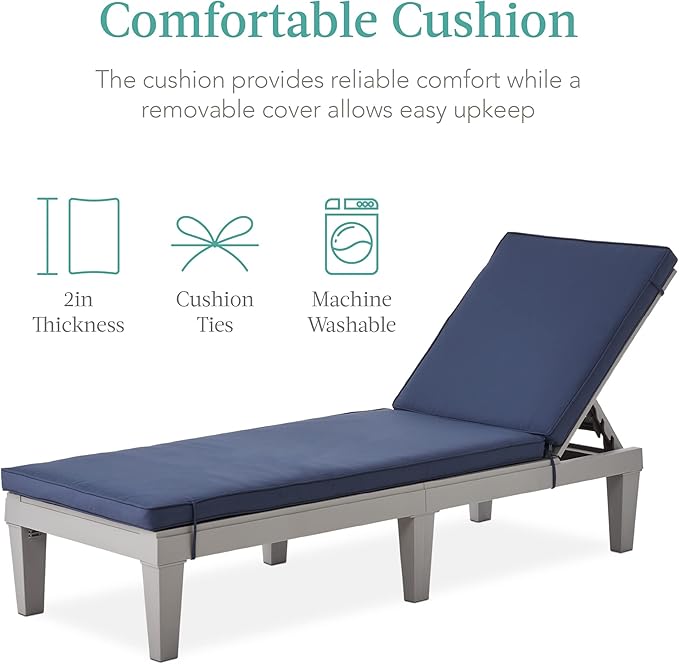 Best Choice Products Outdoor Lounge Chair, Resin Patio Chaise Lounger for Poolside, Backyard, Porch w/Seat Cushion, Adjustable Backrest, 5 Positions, 330lb Capacity - Gray/Navy BestChoiceProducts