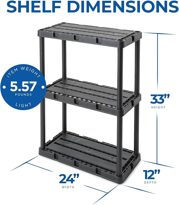Gracious Living 4 Pack Light Duty Storage Shelves, Knect-A-Shelf 3-Shelf Ventilated Shelving Rack Organizer for Home, Garage, Basement, Laundry, Black GraciousLiving