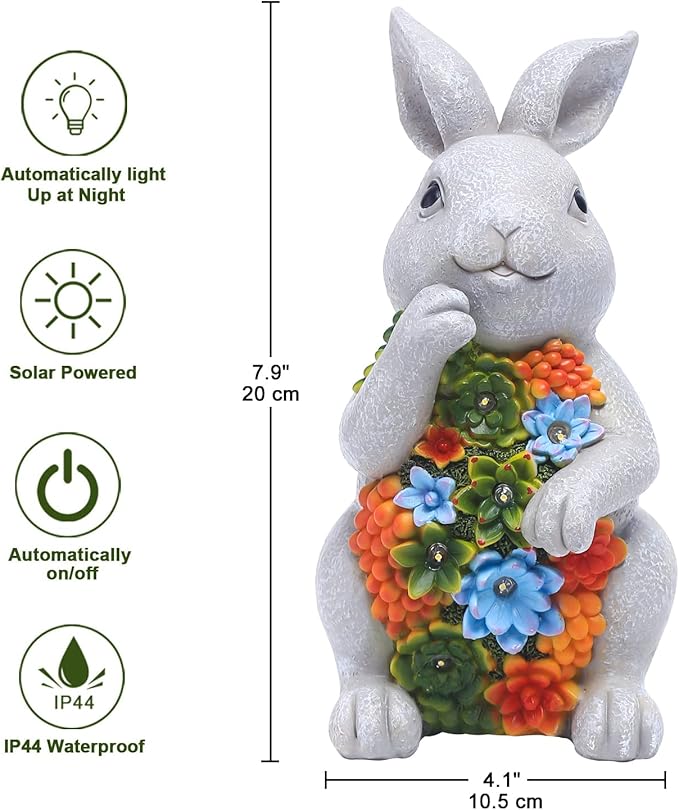 Nacome Solar Garden Outdoor Statues Bunny with Succulent and 7 LED Lights – Lawn Decor for Patio, Balcony, Yard Ornament - Chrismtas Gifts for Mom Grandma Nacome