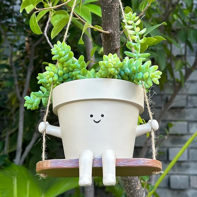 Hanging Planter Swing Face Plant Pot - Cute Resin Head Planters with Drainage Hole Indoor Outdoor Plant Holder, Succulent/String of Pearls Flower Pots, Unique Sitting Sway Pots, Gift Ideas for Mother Scuyari