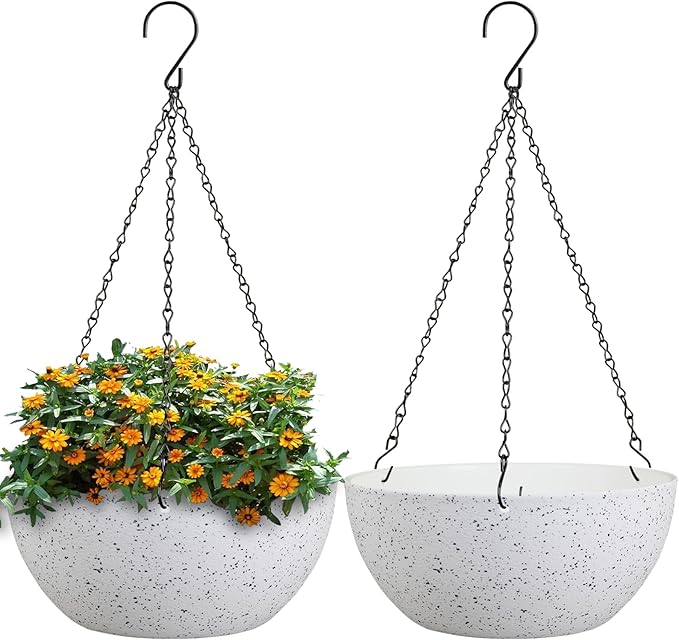 10 inch Hanging Planters for Outdoor Indoor Plants with Drainage Holes and Chain, 2 Pack Round Hanging Flower Plant Pots for Garden Home Porch Decor, Speckled White WSMKSZ