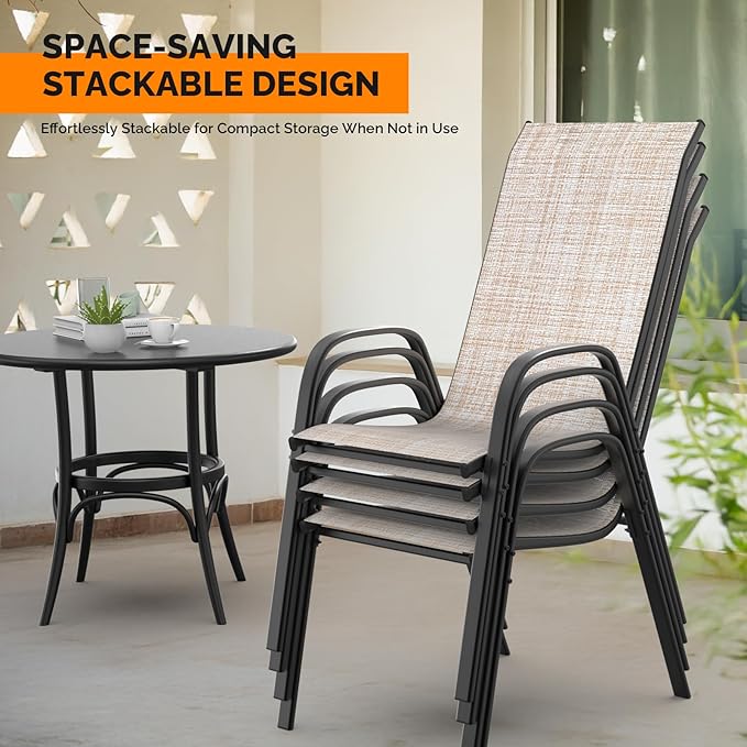VINGLI Patio Chairs Set of 2 – Stackable Outdoor Dining Chairs with Comfortable Sling High Back Chairs and Armrests for Lawn, Poolside, Courtyard, Balcony, Garden, Yellow VINGLI