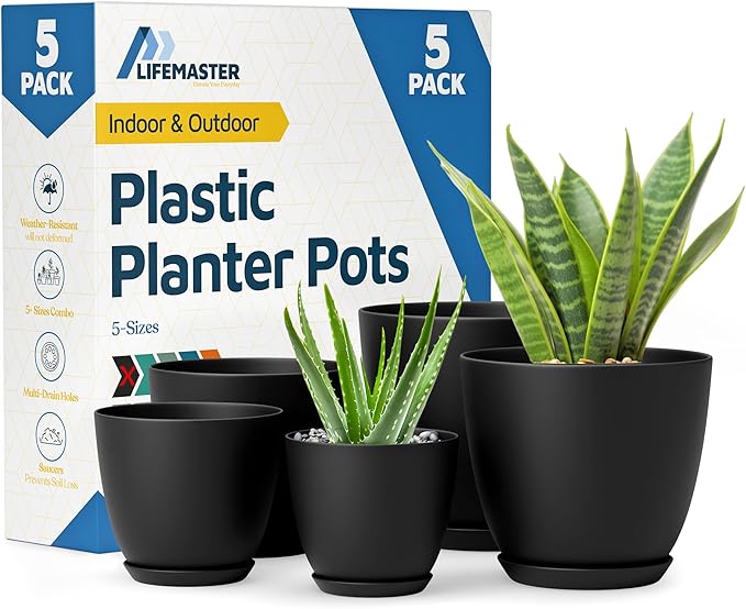 Lifemaster Plant Pots with Multi Drainage Holes - 5 Pieces Versatile, Sturdy Plastic, Stackable Design Home Decor Flower Pots for Indoor and Outdoor Gardening - Black LIFEMASTER
