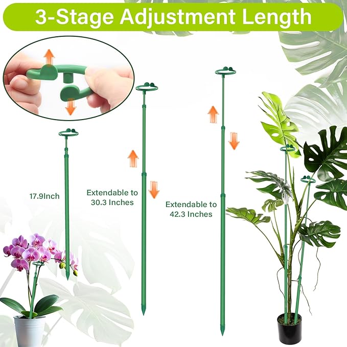 Extendable Plant Stakes,Adjustable Length from 17.9IN to 42.3IN Monstera Support Stakes with Clips,Sturdy Plant Stakes for Indoor Outdoor,Garden Sticks for Tomato,Orchid,Climbing Plants- 3Pack GAGANANG