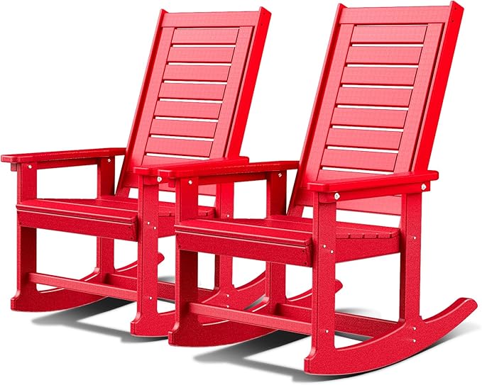 GREENVINES Outdoor Rocking Chairs | Set of 2 | Porch Rocker | HDPE Plastic | Red | Oversized Rockers | High Back | Big & Tall | Ladder Back | for Patio Outside Backyard Balcony GreenVines