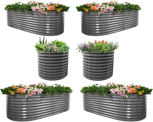 A ANLEOLIFE Set of 6, 30 Inch Extra Tall Galvanized Raised Garden Beds Kit, Large Oval & Round Metal Planters – Ideal for Backyard Vegetables Flowers Herbs, Quartz Grey AAnleolife