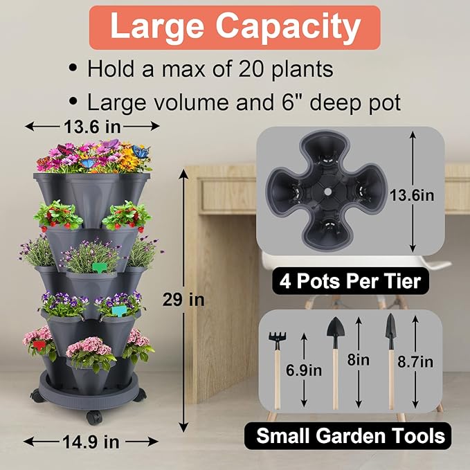 DUNCHATY Stackable Planter, Vertical Strawberry Planter with Garen Tool Set, Self Watering Garden Planter Indoor/Outdoor 5 Tier Herb Planter Pots for Growing Vegetables and Succulents, Dark Gray DUNCHATY