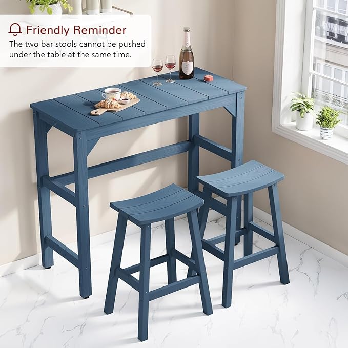 Stoog All-Weather Patio Bar Set, 3-Pieces Outdoor Bar Table and Stools Set, Counter Height Bar Stools Set of 2, Low Maintenance, for Backyard, Garden, Balcony, and Deck, Blue Stoog