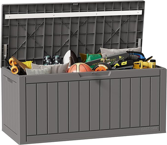 EAST OAK Outdoor Storage Box, 90 Gallon Deck Box, Waterproof Resin Storage Bin for Patio Cushions, Gardening Tools, Lockable, UV Resistant, Grey EASTOAK