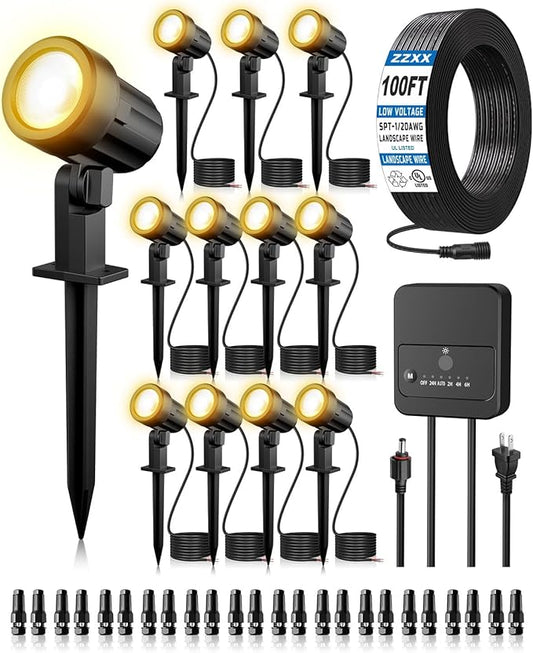 ZZXX All-in-One Low Voltage Landscape Lighting Kit, 12-Pack LED Landscape Lights with Transformer 100FT Wire and Connectors, 2700K Waterproof Landscape Spot Lights for Garden Yard House Tree ZZXX