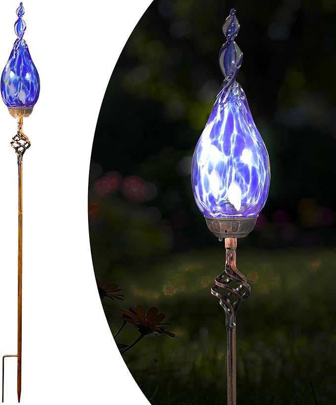 Solar Garden Lights Outdoor, Decorative LED Flame Garden Stakes, Hand Blown Glass and Outdoor Waterproof Glass Stakes (Dark Blue) Rootora