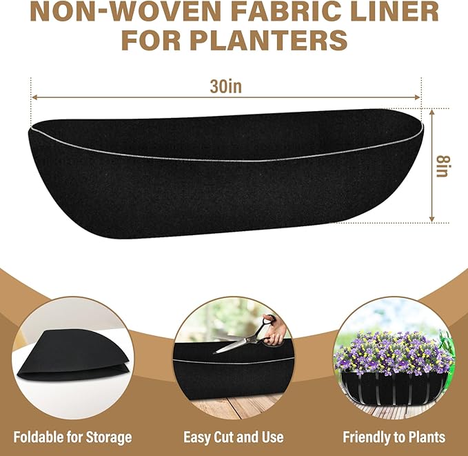 Riare 4 Pack 30 Inch Black Felt Window Box Liners- Fabric Trough Planter Basket Liners Replacement, Non-Woven Hanging Plant Liner for Wall Hanging Basket, Garden Fence Railing (Avoid Bird Nesting) Riare