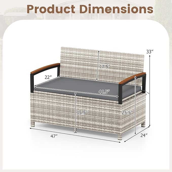 RELAX4LIFE Wicker Outdoor Storage Bench, Rattan Deck Box w/Protective Liner for Patio Furniture Pillows & Garden Tools, Porch Loveseat with Seat Cushion, Acacia Wood Armrests (Grey) RELAX4LIFE