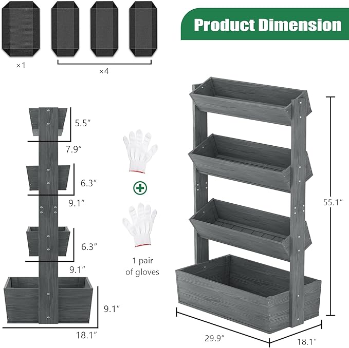 SUNYRISY 4 Tiers Vertical Raised Garden Bed Outdoor Planter Tower, Wooden Freestanding Planter Box for Planting Herbs Flowers Vegetables Patio Balcony Indoor Outdoor Gardening, Grey SUNYRISY