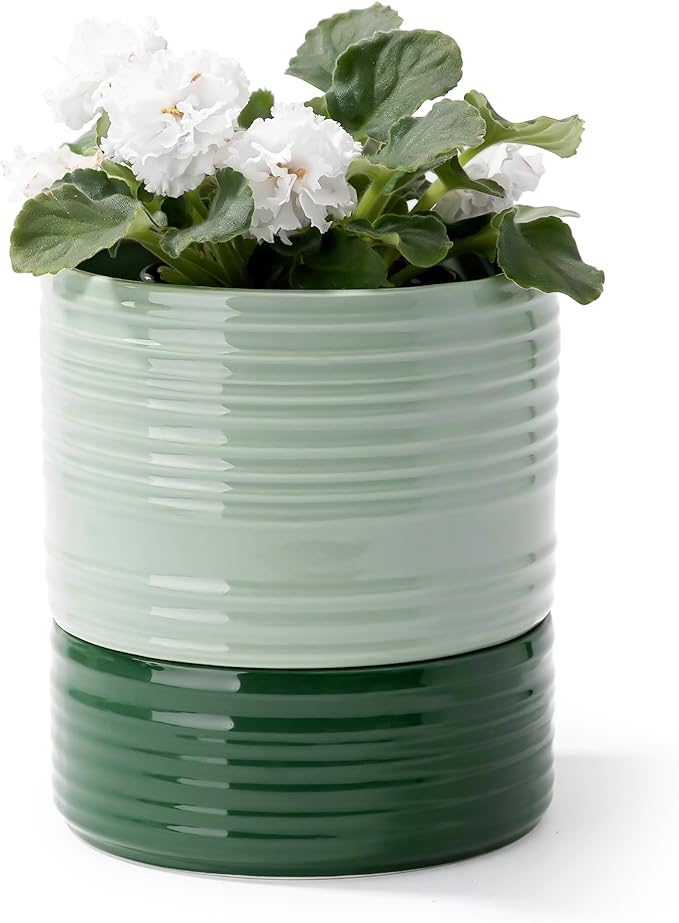 Self Watering Pots for Indoor Plants, 6 Inch Ceramic Self Watering Plant Pot, Planter Pot with Wick Rope and Drainage Hole for African Violet Succulent Herbs (Green Light) FayoulasGarden