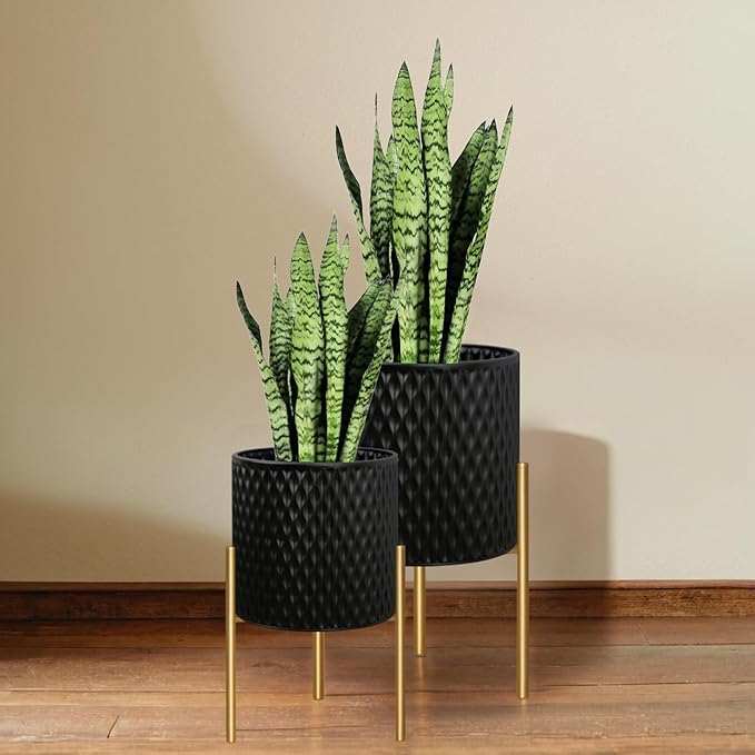 ARNIS Plants Pots with Stand, Large Size Flower Pots, Set of 2 Unique Mid Century Decorative Metal Flower Pots with Drainage,10.5&12.25 Inch, Black ARNIS