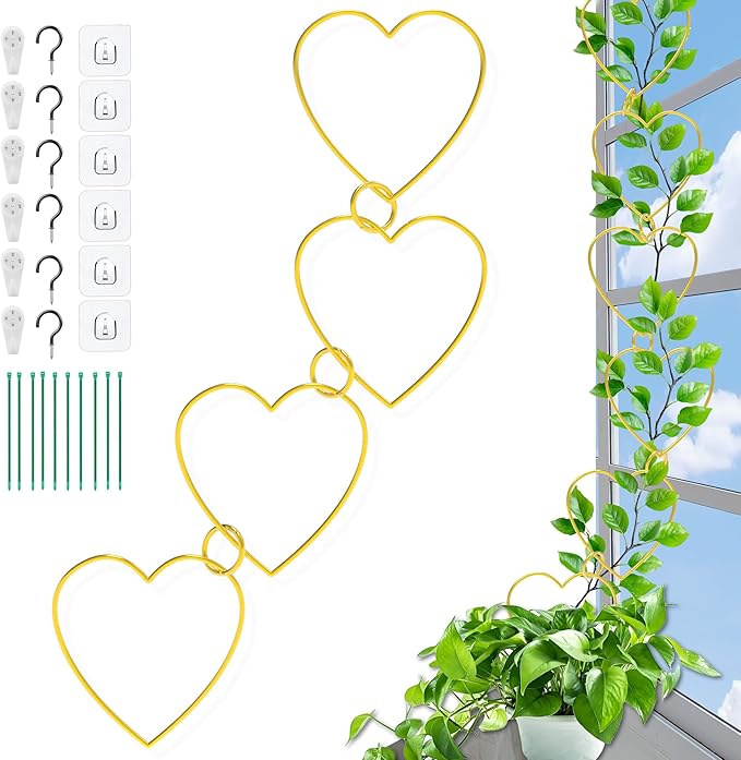 20 Pcs Chain Trellis for Climbing Plants Indoor Outdoor, Plant Trellis, Garden Plant Wall Trellis, Vine Support Houseplant Accessories for Monstera, Pothos, Ivy, Climbing Plants (Gold Heart) KAWAHAYO