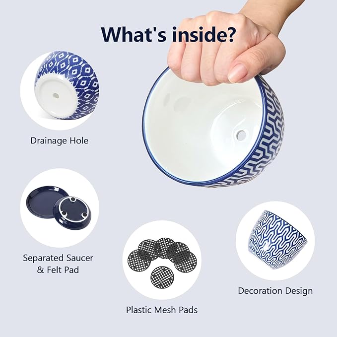 Selamica Ceramic Succulent Pots, 3.5 Inch Small Plant Pots for Indoor Plants Cactus Herbs, Succulent Planters with Drainage Holes & Saucers, Home Decor, Set of 6, Vintage Blue Selamica