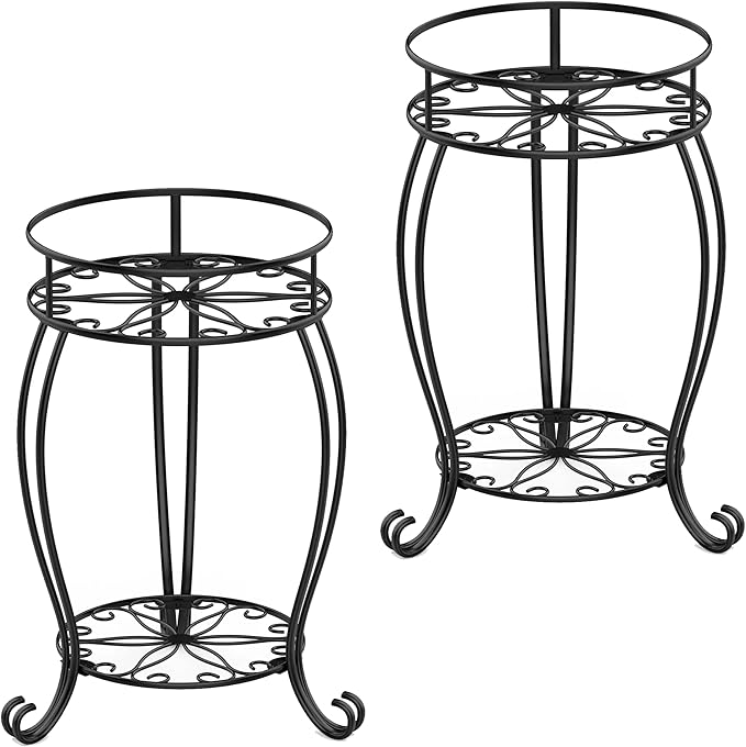 FaithLand 2 Pack Plant Stands, Heavy Duty Metal Planter Holder Indoor Outdoor, 2 Tier Round Potted Supports Rack, Corner Display Shelf Black FaithLand