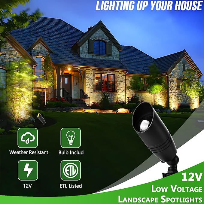 wowlite Low Voltage Spot Lights Outdoor LED 4 Pack, Die-cast Aluminum Landscape Spotlights, Waterproof Black Uplights with MR16 Bulbs Ground Stake for Garden Courtyard Pathway wowlite