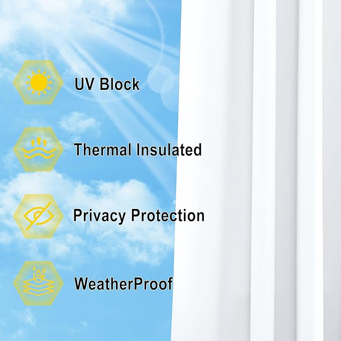 NICETOWN 2 Panels Outdoor Curtains Waterproof Fixed Grommet/Back Tab on Top & Bottom, Thermal Insulated Windproorf Sun Blocking Outdoor Drapes with Rope for Patio/Gazebo, W52 x L84, Pure White NICETOWN