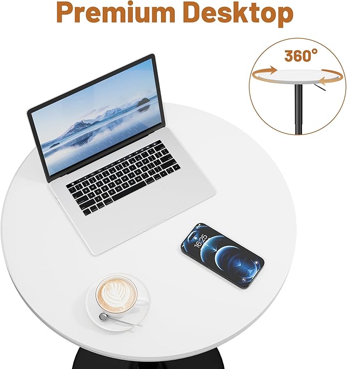 Flamaker Round Bistro Pub Table 23.6 Inch Height Adjustable 360° Swivel Bar Table Metal Base for Pub, Dining Room, Party (1, White-Black) Flamaker