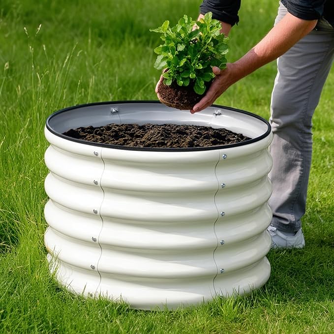 SnugNiture Raised Garden Bed, 2×2×1.5ft Round Galvanized Outdoor Planter Box, 17" Tall Deep Metal Garden Bed Kit for Planting Vegetables, Fruits, Flowers, White snugniture