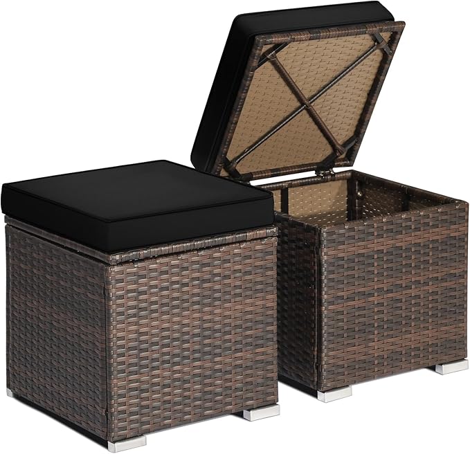 RELAX4LIFE Wicker Outdoor Storage Ottoman, 2-Piece Rattan Footstool w/Removable Cushion, Multipurpose Footrest Stool Side Table Additional Seating, Set of 2 Outdoor Ottomans for Patio Deck (Black) RELAX4LIFE