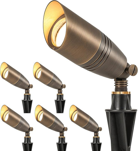 LUTEC Solid Brass Low Voltage Landscape Lighting, 12V Heavy Duty Waterproof Landscape Spotlights Bronze, Wired Uplights Outdoor Fixtureswith ABS Spike, Garden Yard Pathway Tree Without Bulb, 6 Pack LUTEC