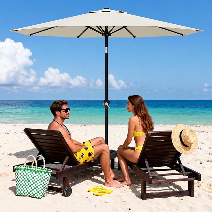 Garvee 9FT Patio Umbrella - Outdoor Table Umbrella with Smooth Crank Lift, Push Button Tilt and 8 Sturdy Ribs - Market Umbrella UV Protection Waterproof for Pool, Deck, Yard, Garden -Beige Garvee