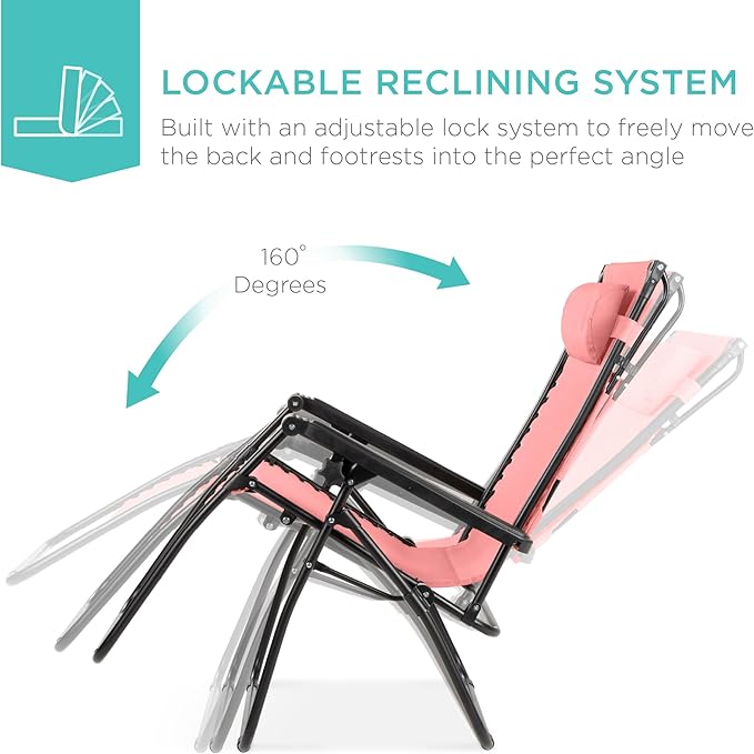 Best Choice Products Folding Zero Gravity Outdoor Recliner Patio Lounge Chair w/Adjustable Canopy Shade, Headrest, Side Accessory Tray, Textilene Mesh - Pink BestChoiceProducts