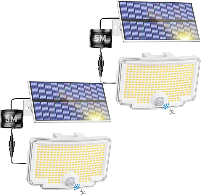 Peasur 2 Pack Solar Motion Lights Outdoor, 318 LED Solar Security Light with 3 Modes, IP65 Waterproof Powered Flood Lights for Outside Patio Garage Yard, (Cool Light,White Frame) Peasur