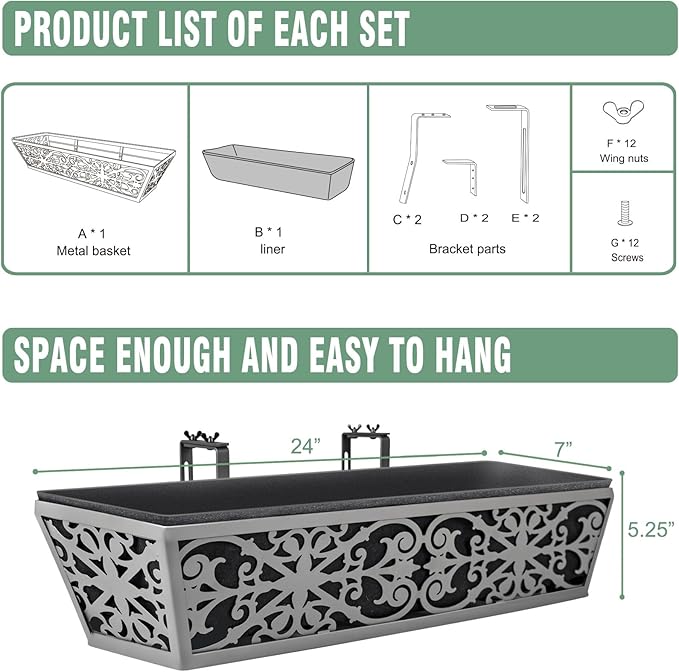 2 Pack 24 Inch Window Boxes Planter for Outdoor Plants Deck Railing Planters Box with Adjustable Brackets for Porch Fence Balcony Hanging Flower Baskets with Non-Woven Fabric Liner for Garden Decor KarlliuHOMEGARDEN