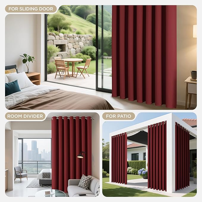 Joydeco Blackout Patio Sliding Door Curtains 84 Inches Long, Grommet Privacy Room Divider Curtains, Extra Wide Thermal Blackout Drapes for Bedroom Living Room (Burgundy Red, 100Wx84L, 1 Panel) JOYDECO
