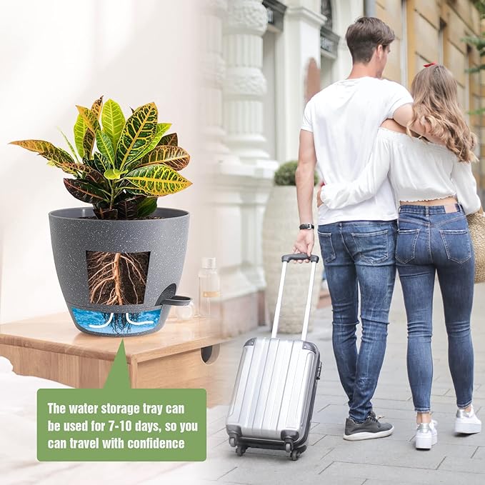 Large Self Watering Pots, 12/10/9 Plastic Planters with High Drainage Holes and Deep Reservoir for Indoor Outdoor Garden Plants and Flowers, Grey Speckles UOUZ