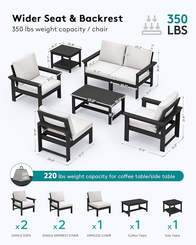 SERWALL HDPE Patio Conversation Set, 6-piece Sectional Outdoor Furniture Set, All Weather Outdoor Couch Set Patio Furniture Set for Deck, Lawn, Black Frame with Khaki Cushion SERWALL