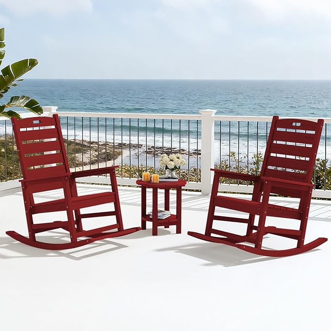 SERWALL Outdoor Rocking Chair Set of 4, Oversized HDPE Patio Rocking Chair with Footrest for Adults, All Weather Porch Rocker for Deck Patio Balcony, Red SERWALL