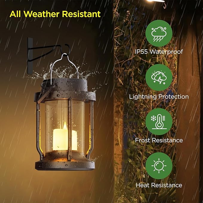 Solar Lantern Outdoor & Indoor Use – Hanging Solar Lights with Realistic Flickering Flameless Candle, Weatherproof for Gardens, Patios, Trees, and Lawns (Black, 4 Pack) Rootora